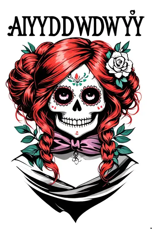 "AIYDIWDWY" sugar skull with red hair wearing a head scarf in a bun tattoo design idea