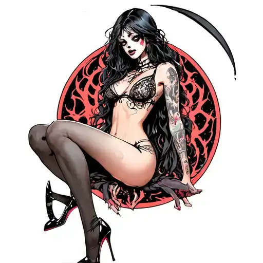 female Grimm reaper high heels and bare chest  tattoo design idea