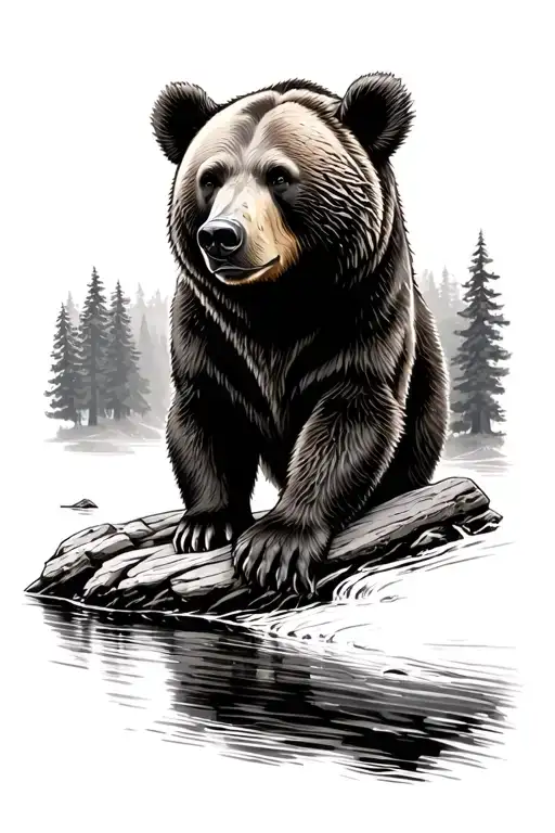 bear in a Forest next to a river  tattoo design idea