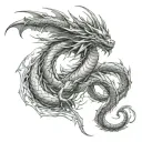 Create a realistic tattoo design of a dragon wrapping around an arm, starting from the shoulder and extending down to th tattoo design idea