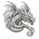 Create a realistic tattoo design of a dragon wrapping around an arm, starting from the shoulder and extending down to th tattoo design idea