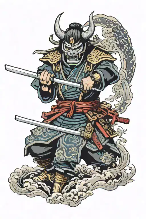 samurai soldier with oni mask holding a katana sword tattoo design idea