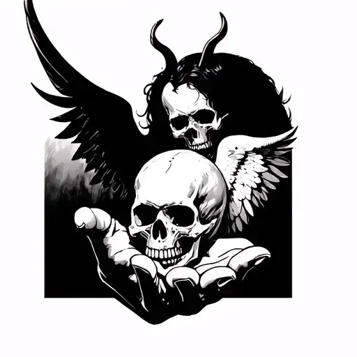 I want a tattoo for the back with a hand that holds a skull in the hand, half angel, half demon which means time tattoo design idea