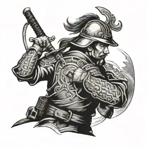 A hybrid tattoo design combining a traditional Japanese samurai warrior with a German naval officer, symbolizing your love for both cultures and your occupation in the Coast Guard tattoo design idea