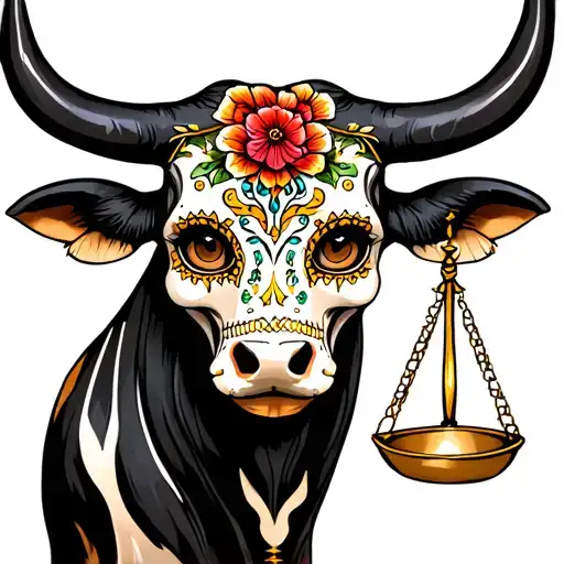 feminine bull with sugar skull markings, brown eyes and two Libra scales and dark background tattoo design idea