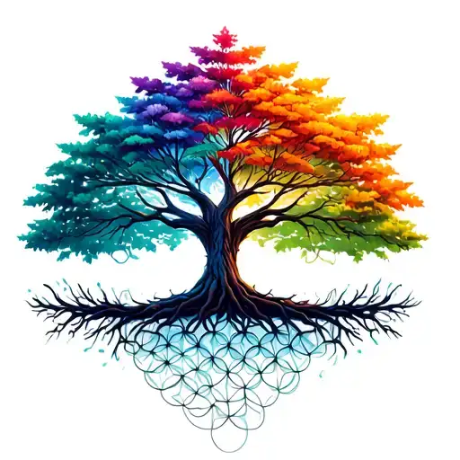 Tree with colorful leaves and roots with the flower of life in the background tattoo design idea