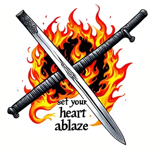 samurai sword facing downward with flames around quote saying "set your heart ablaze" in japanese  tattoo design idea