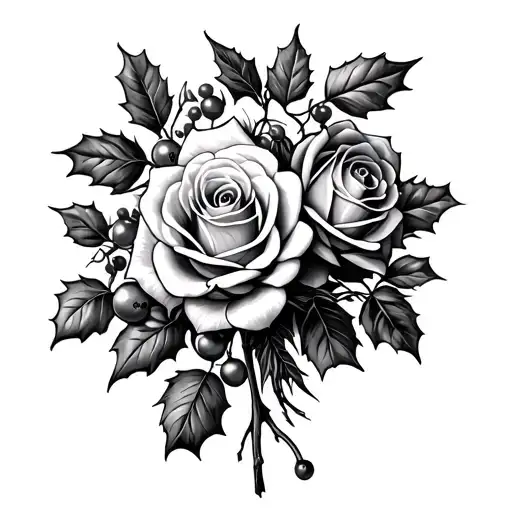bunch of roses intertwined with Holly and berries growing tattoo design idea