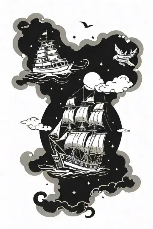 the heart of gold ship from Hitchhiker's Guide to the galaxy with Marvin floating outside teetherd to the ship by a line tattoo design idea