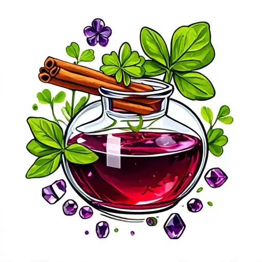 potion bottle filled with cinnamon stick, basil, four-leaf clover, amethyst, and red liquid.  tattoo design idea