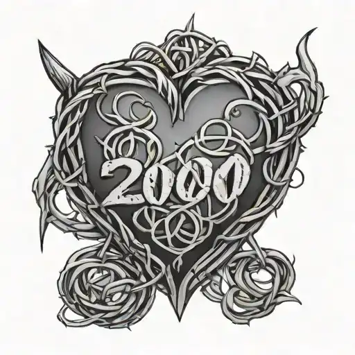 heart made of barbed wire with the year 2000 on the inside  tattoo design idea