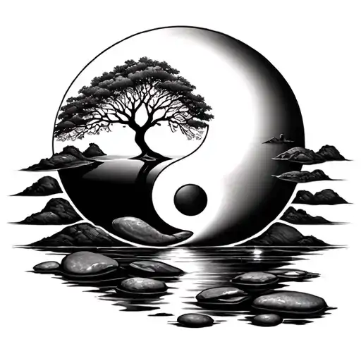 yin yang with water dividing them stones as the middle circles an oak tree, sun on white side willow tree moon on other tattoo design idea