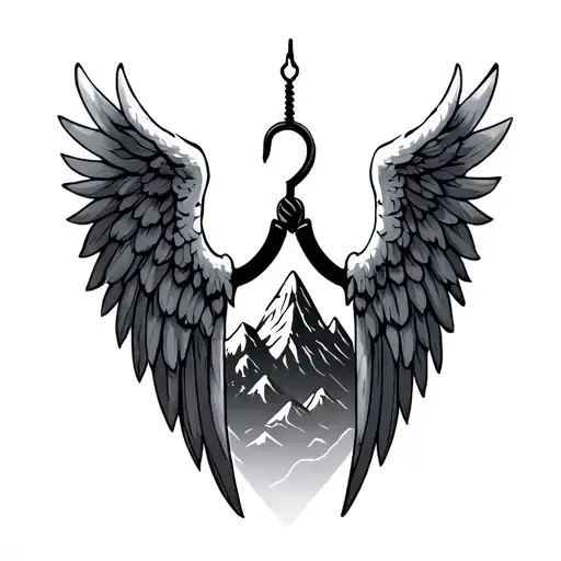 angel wings, hook and mountains inside tattoo design idea