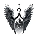 angel wings, hook and mountains inside tattoo design idea