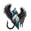 angel wings, hook and mountains inside tattoo design idea