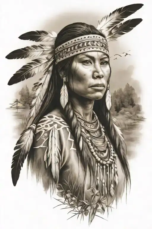  beautifull native american woman, river, meadow tattoo design idea