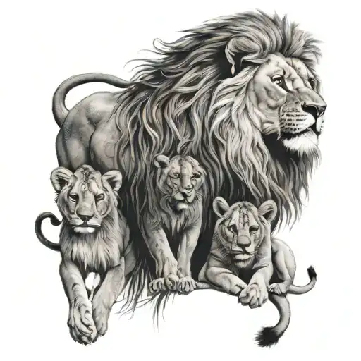 Lion with three cubs, two girls and one boy tattoo design idea
