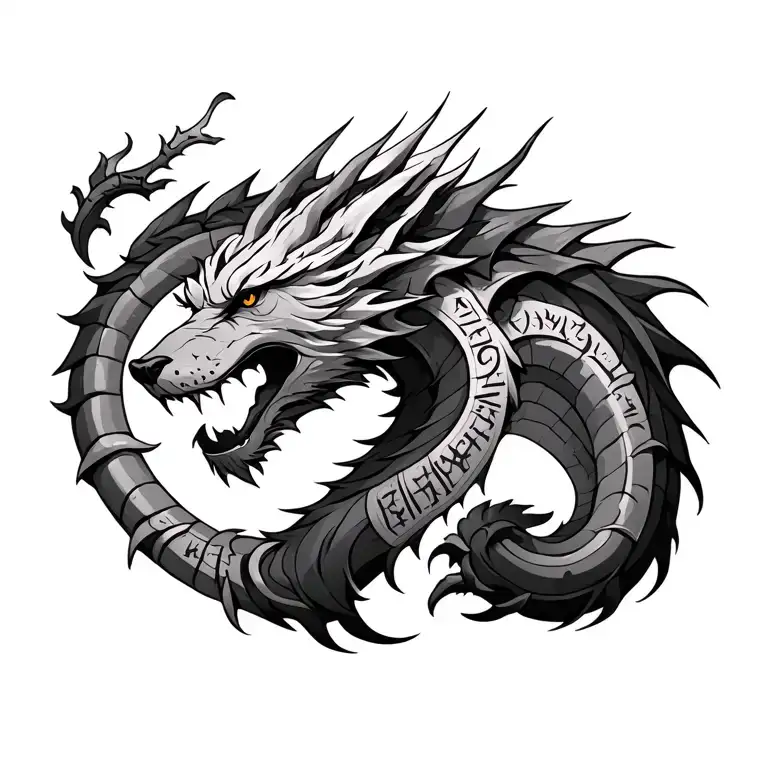 dragon with wolf head made of runes tattoo design idea