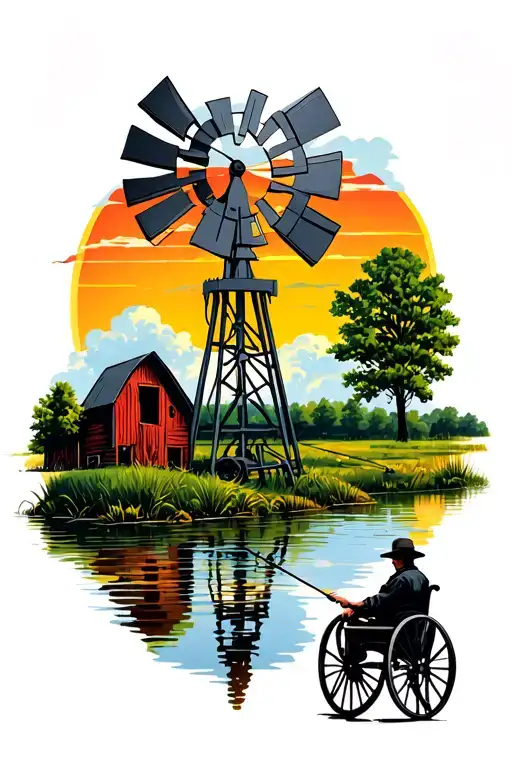 farm scene featuring a metal windmill, a pond with a man in a wheelchair fishing, with a beautiful sunset.  tattoo design idea