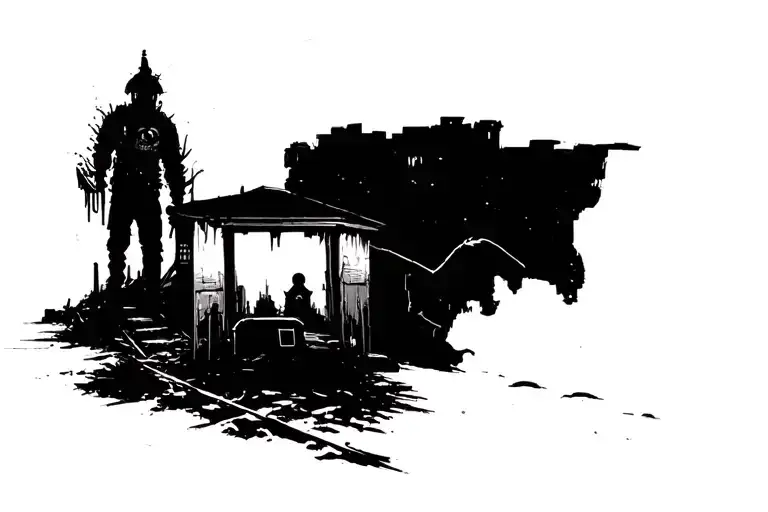 post apocalyptic horror town with traveler tattoo design idea