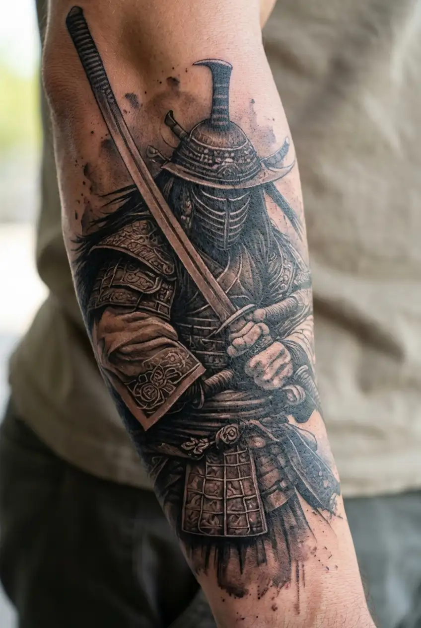 samurai with katana in mask black and white tattoo sketch simple tattoo design idea