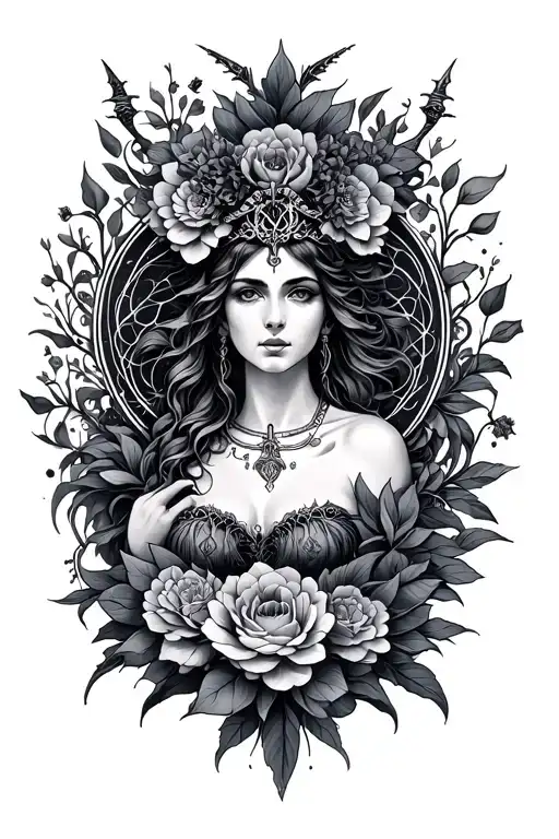 Sagittarius, Cancer, interlinked, spirals, goddess Hecate, flowers tattoo design idea