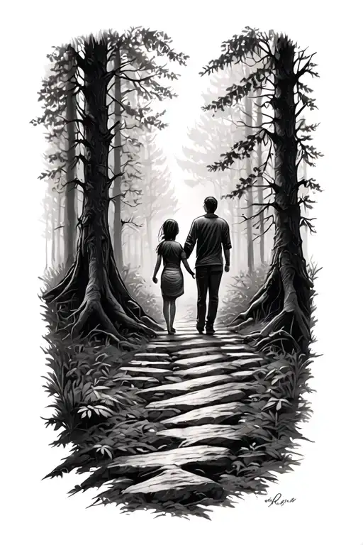 son and daughter on a crossroad in the forest scene tattoo design idea