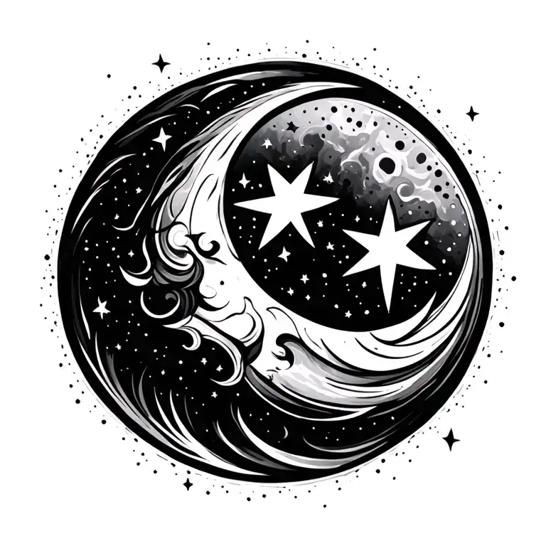 A crescent moon paired with a guiding star cluster, designed in an abstract, tribal, and brushstroke style similar to th tattoo design idea