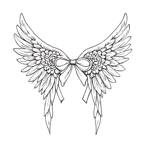 small lace Angel Wings (Facing Down) tiny delicate lace coquette bow, integrating libra imagery, feminine fine line tattoo design idea
