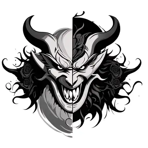 oni mask split in half tattoo design idea