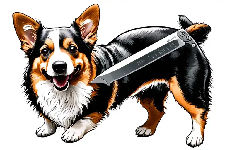 corgi with knife in mouth tattoo design idea