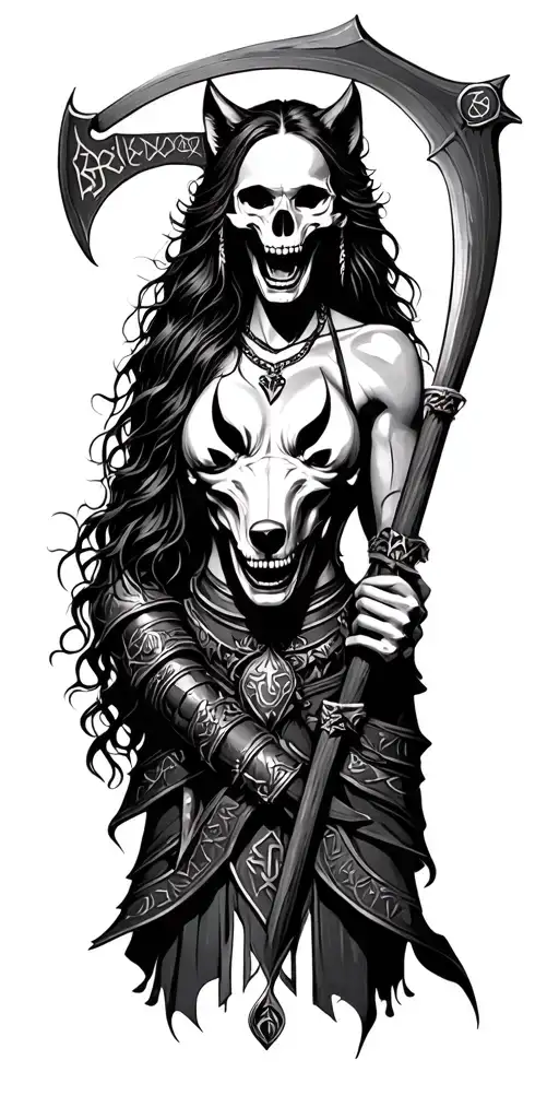 gothic style, viking warrior with runes, wolf grinning skull, death with a scythe above them, vampire woman tattoo design idea