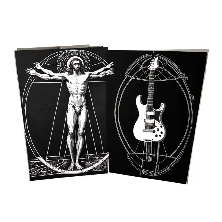 Create image in the style of DaVinci's Vitruvian man but replace the man with an electric guitar.  tattoo design idea