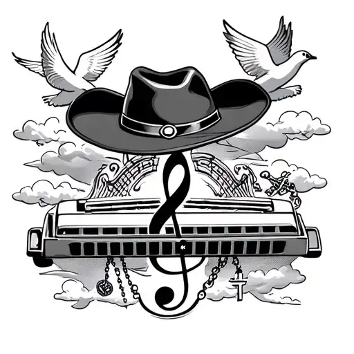 Cowboy hat place on top of a  treble clef music note surrounded by a harmonica, rosary, clouds. and doves tattoo design idea