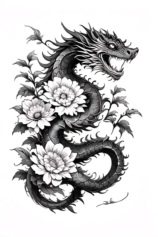 A tattoo on the arm with a dragon and 3 flowers (chrysanthemums) which could hold on a Japanese style arm tattoo design idea
