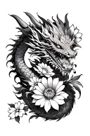 A tattoo on the arm with a dragon and 3 flowers (chrysanthemums) which could hold on a Japanese style arm tattoo design idea