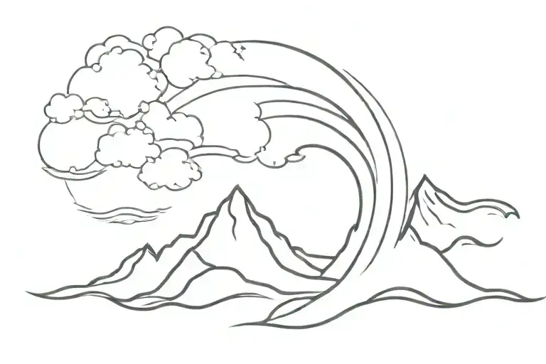 ocean wave merging into a mountain range merging into a fire trail merging into a line of clouds as a single line  tattoo design idea