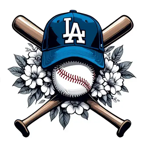 LA Dodgers with floral, baseball cap, baseball mitt, and baseball bat tattoo design idea