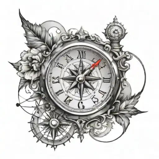 clock & compass design tattoo design idea