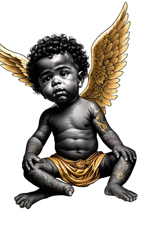 afro latin querubin baby angel boy with tattoos and gold tattoo design idea