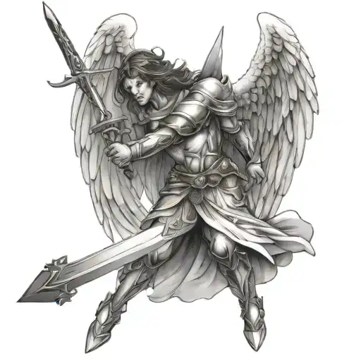 beautiful Angel warrior wielding a sword tattoo design idea