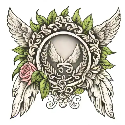 Laurel wreath with angel wings in the middle which has 12 feathers tattoo design idea