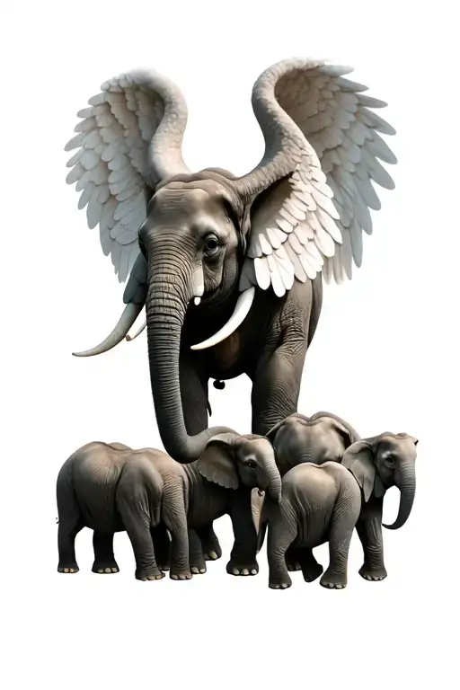 realistic elephants mom and four babies one one of the babies with angel wings  tattoo design idea