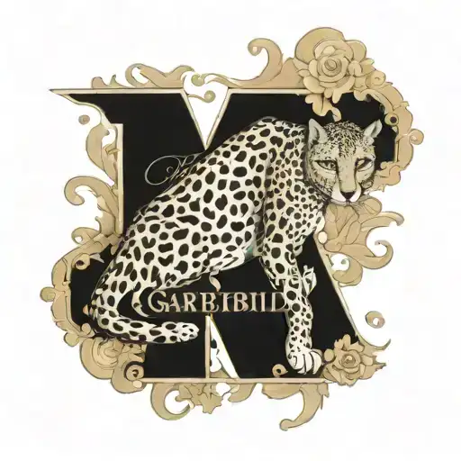 Tattoo, the name Gabrielle in cherolina font surrounded by cheetah print, no color tattoo design idea