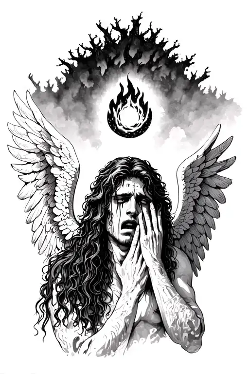 a crying male angel with long hair holding his face and his head has a burning circle above it and there is dead trees tattoo design idea