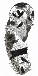 the morrigan Irish goddess with crows an old oak tree and bright moonlight tattoo design idea
