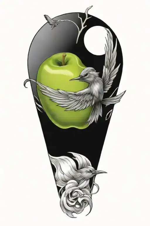 Create a sleeve tattoo featuring a green apple, a swallow, and  a womans hand giving the "OK" symbol tattoo design idea