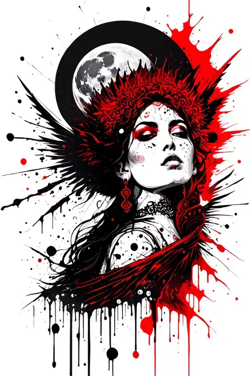 moon, goddess, dark angel wings tattoo design idea