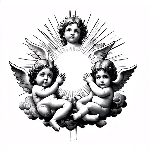 three Cherubs with clouds and sun rays shining tattoo design idea