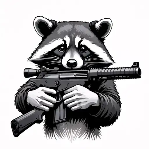 awp rifle from csgo, behing held in hands by a racoon tattoo design idea